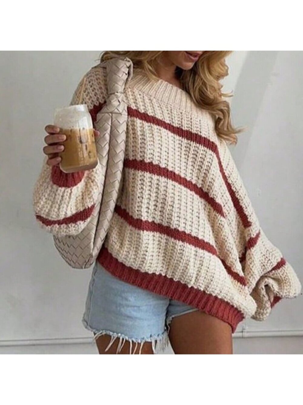 Red And White Casual Colorblock Women's Striped Loose Pullover Sweater - Picture 5 of 11